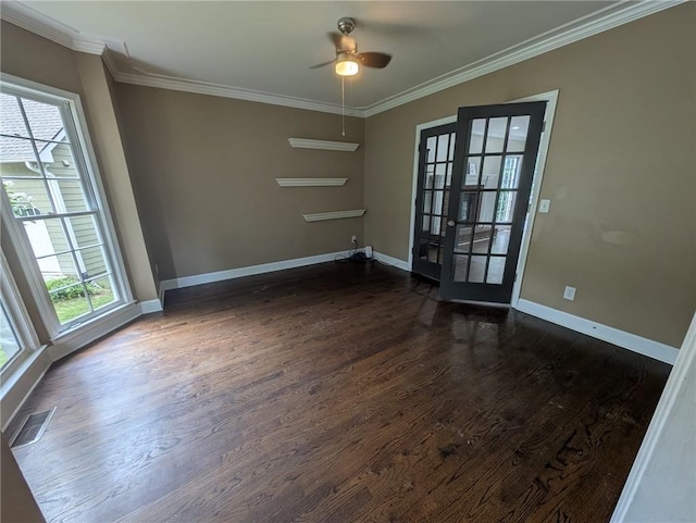 5882 Grandview Ct NW, Acworth, GA 30101 - empty room featuring dark wood finished floors, ornamental molding, a ceiling fan, and french doors