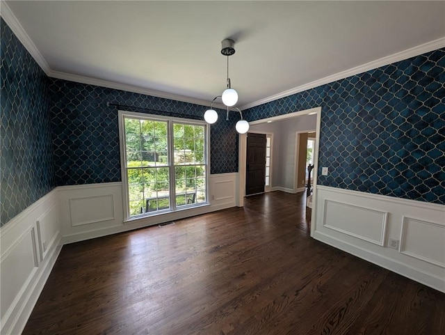 5882 Grandview Ct NW, Acworth, GA 30101 - unfurnished dining area with ornamental molding, wallpapered walls, wainscoting, and dark wood-style floors