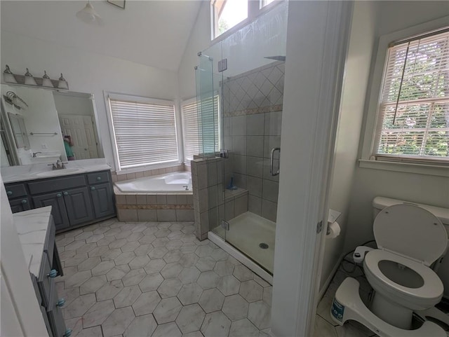 5882 Grandview Ct NW, Acworth, GA 30101 - bathroom with vanity, a bath, a stall shower, tile patterned flooring, and vaulted ceiling