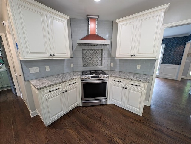 5882 Grandview Ct NW, Acworth, GA 30101 - kitchen with stainless steel range with gas cooktop, island range hood, dark wood-type flooring, white cabinetry, and light stone countertops
