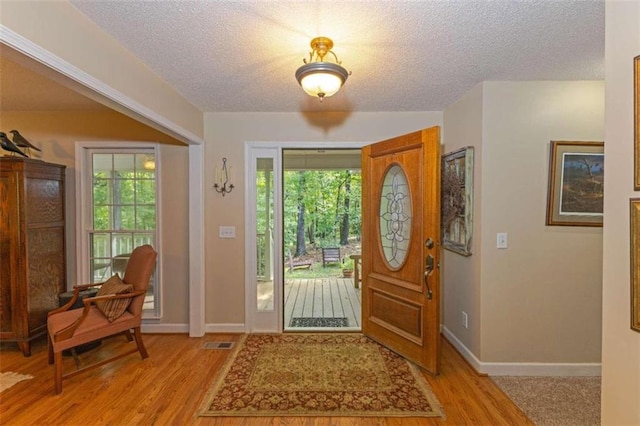 foyer featuring a textured ceiling, light hardwood / wood-style flooring, and plenty of natural light