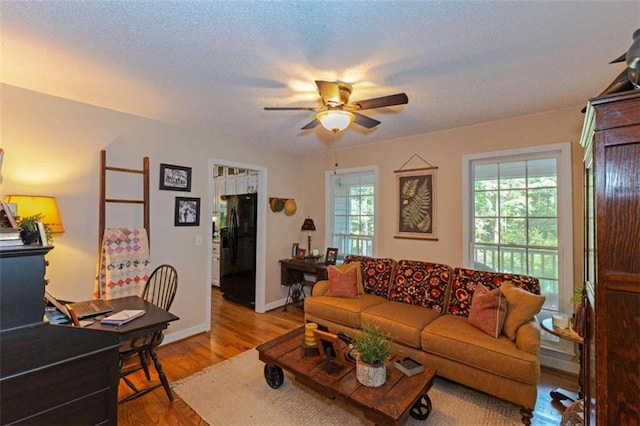 living room featuring a textured ceiling, ceiling fan, and hardwood / wood-style floors