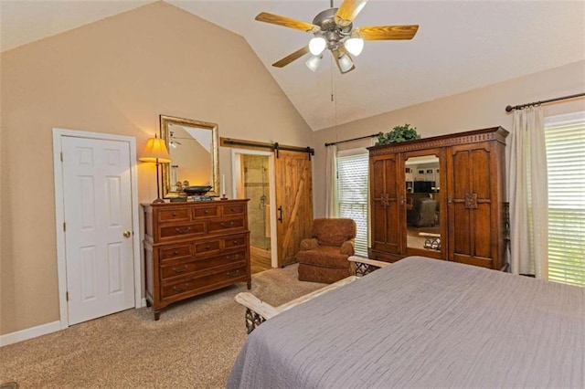 bedroom with high vaulted ceiling, ceiling fan, carpet flooring, and a barn door