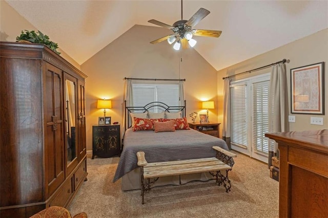 bedroom with light carpet, access to exterior, high vaulted ceiling, and ceiling fan