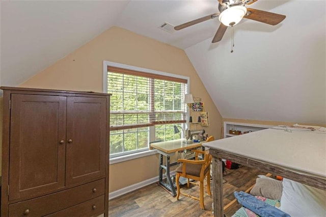 office area featuring lofted ceiling, hardwood / wood-style floors, and ceiling fan