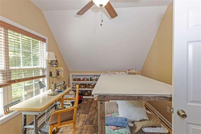 home office with hardwood / wood-style flooring, lofted ceiling, a wealth of natural light, and ceiling fan