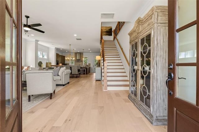 5247 Flannery Chase SW, Powder Springs, GA 30127 - entrance foyer with stairway, light wood-style floors, ceiling fan, and recessed lighting