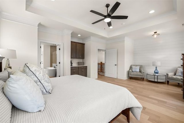 5247 Flannery Chase SW, Powder Springs, GA 30127 - bedroom with a tray ceiling, light wood-style flooring, recessed lighting, ornamental molding, and ceiling fan