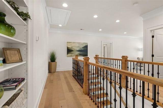 5247 Flannery Chase SW, Powder Springs, GA 30127 - hallway featuring attic access, crown molding, light wood-style floors, recessed lighting, and an upstairs landing