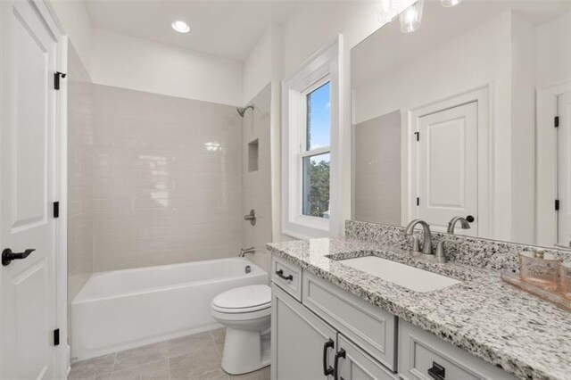 5247 Flannery Chase SW, Powder Springs, GA 30127 - bathroom featuring bathtub / shower combination, toilet, vanity, recessed lighting, and tile patterned floors