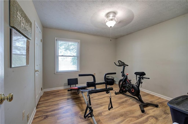 36 Skyview Cir, Cartersville, GA 30120 - workout area featuring a textured ceiling, wood finished floors, baseboards, and ceiling fan
