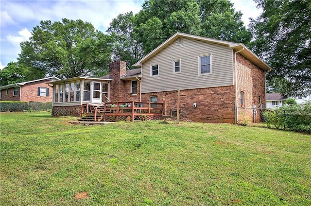 36 Skyview Cir, Cartersville, GA 30120 - back of house with a sunroom, brick siding, a chimney, and a wooden deck