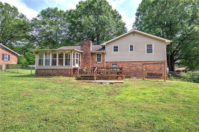36 Skyview Cir, Cartersville, GA 30120 - back of property with a sunroom, brick siding, a chimney, and a deck