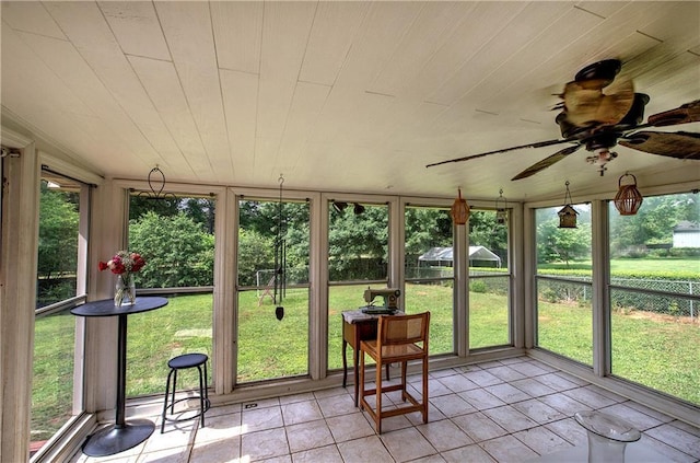 36 Skyview Cir, Cartersville, GA 30120 - sunroom featuring a ceiling fan, tile patterned flooring, and wood ceiling