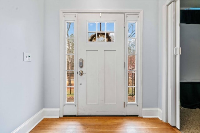 foyer entrance with a wealth of natural light and light hardwood / wood-style floors