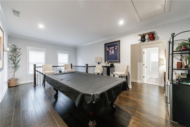 recreation room featuring crown molding, dark hardwood / wood-style flooring, and pool table