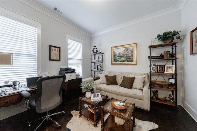 office space with dark hardwood / wood-style flooring and ornamental molding