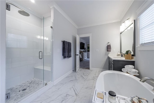 bathroom with vanity, an enclosed shower, and crown molding