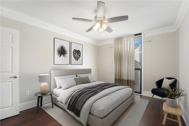 bedroom featuring ornamental molding, ceiling fan, and dark wood-type flooring