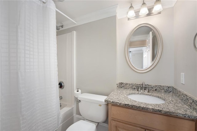 full bathroom with shower / bath combo, vanity, toilet, and crown molding