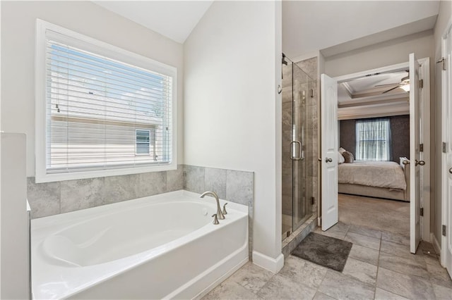4050 Danbury Farms Dr, Cumming, GA 30040 - bathroom with a bath, french doors, a stall shower, lofted ceiling, and ensuite bath