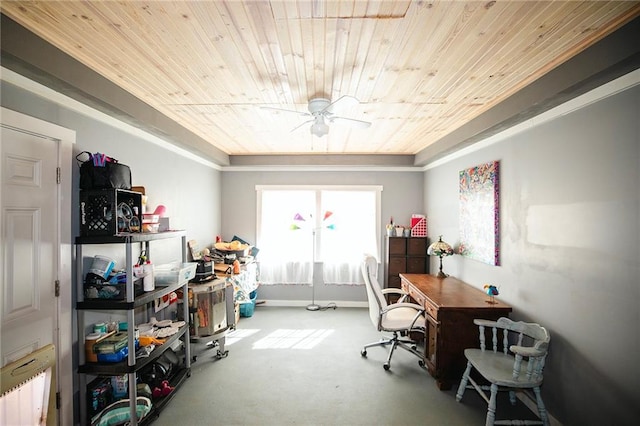 carpeted office space with ceiling fan and wooden ceiling