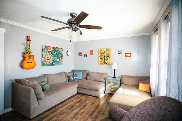 living room with ceiling fan, dark hardwood / wood-style floors, and ornamental molding