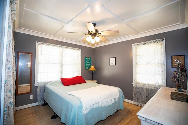 bedroom with ceiling fan, wood-type flooring, and coffered ceiling