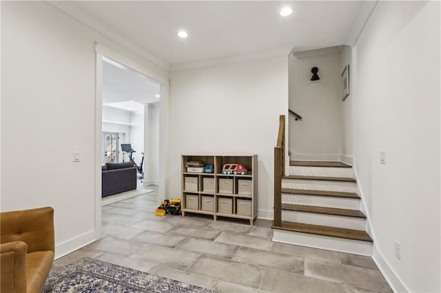 stairs with recessed lighting, crown molding, and baseboards