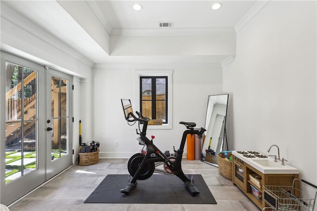 workout room with french doors, visible vents, ornamental molding, and a healthy amount of sunlight