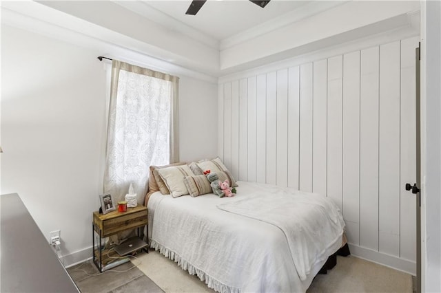 bedroom with crown molding, baseboards, and ceiling fan