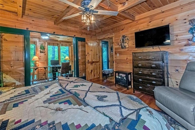 bedroom featuring wooden ceiling, beamed ceiling, hardwood / wood-style flooring, and wooden walls