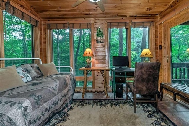 sunroom featuring wooden ceiling, plenty of natural light, and ceiling fan