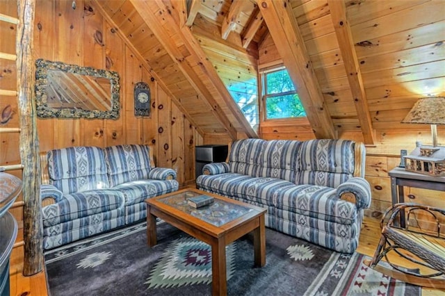 living room featuring wooden walls, wooden ceiling, and lofted ceiling with beams