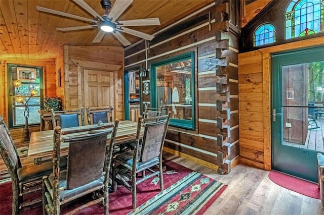 dining space featuring wood ceiling, ceiling fan, and wooden walls