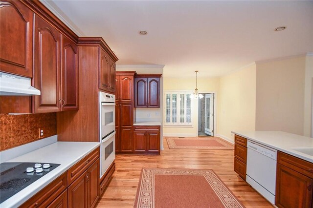 kitchen with a notable chandelier, light hardwood / wood-style floors, white appliances, and hanging light fixtures