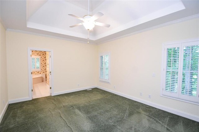 carpeted empty room with a raised ceiling, ceiling fan, and ornamental molding