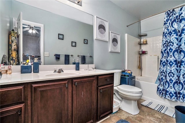 full bath featuring toilet, shower / bath combo, vanity, and tile patterned floors