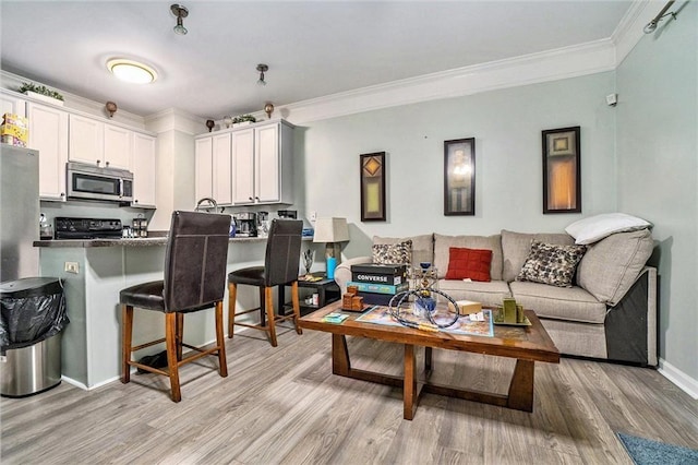 living area featuring light wood-type flooring, crown molding, and baseboards