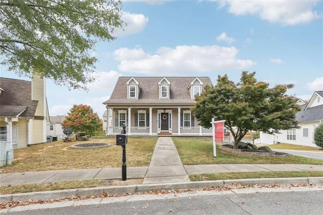 cape cod house featuring a porch and a front yard