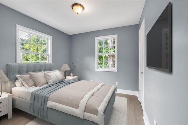 bedroom with multiple windows, baseboards, and wood finished floors