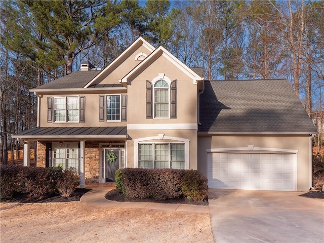 traditional-style home featuring a garage, concrete driveway, a chimney, metal roof, and a standing seam roof