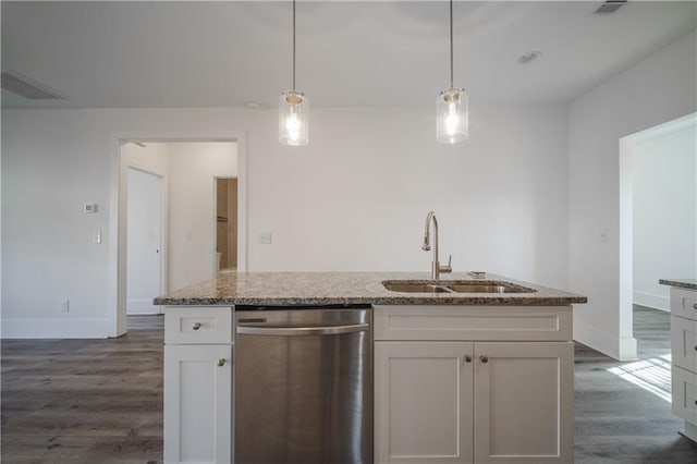 kitchen featuring dark hardwood / wood-style floors, decorative light fixtures, sink, white cabinets, and stainless steel dishwasher