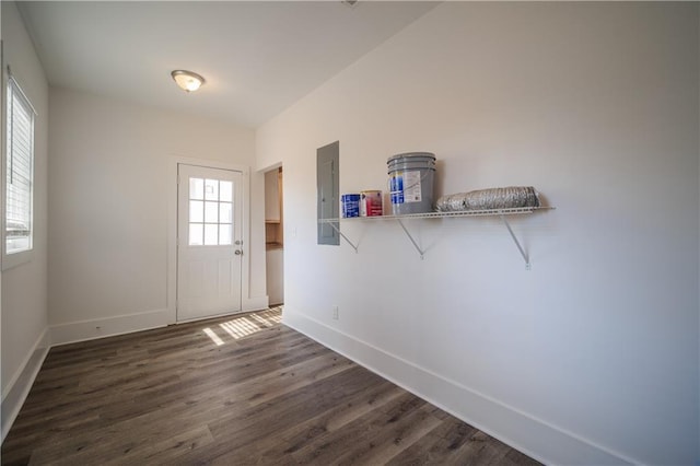 doorway to outside featuring dark hardwood / wood-style floors and electric panel