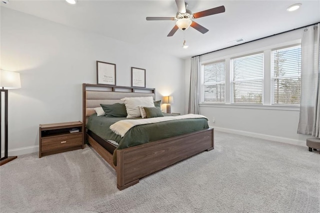 bedroom featuring visible vents, a ceiling fan, recessed lighting, carpet floors, and baseboards