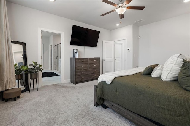 bedroom with visible vents, recessed lighting, baseboards, light colored carpet, and ceiling fan