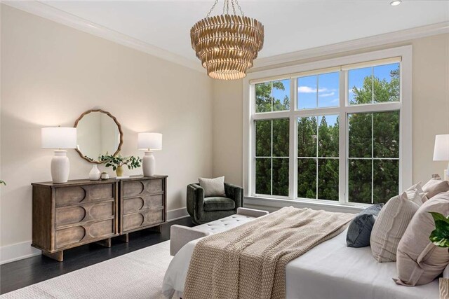 3773 Randall Rd SE, Atlanta, GA 30339 - bedroom featuring baseboards, a chandelier, crown molding, wood finished floors, and recessed lighting