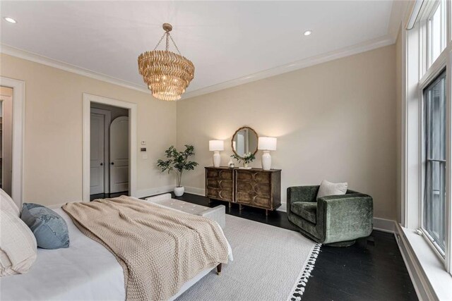 3773 Randall Rd SE, Atlanta, GA 30339 - bedroom featuring ornamental molding, a chandelier, recessed lighting, wood finished floors, and baseboards