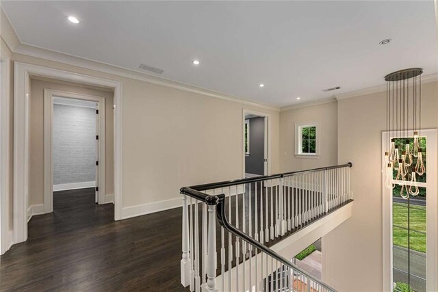 3773 Randall Rd SE, Atlanta, GA 30339 - corridor with an upstairs landing, baseboards, dark wood-style flooring, ornamental molding, and recessed lighting