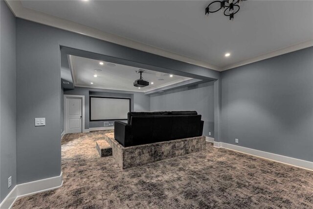 3773 Randall Rd SE, Atlanta, GA 30339 - carpeted home theater room featuring crown molding, recessed lighting, a raised ceiling, and baseboards